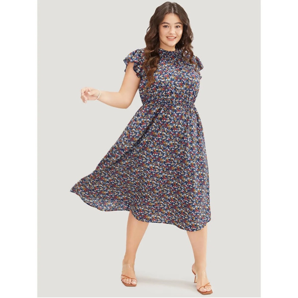 Bloomchic NWT Dress Ditsy Floral Ruffle Sleeve Pocket Frill Trim Mock Neck